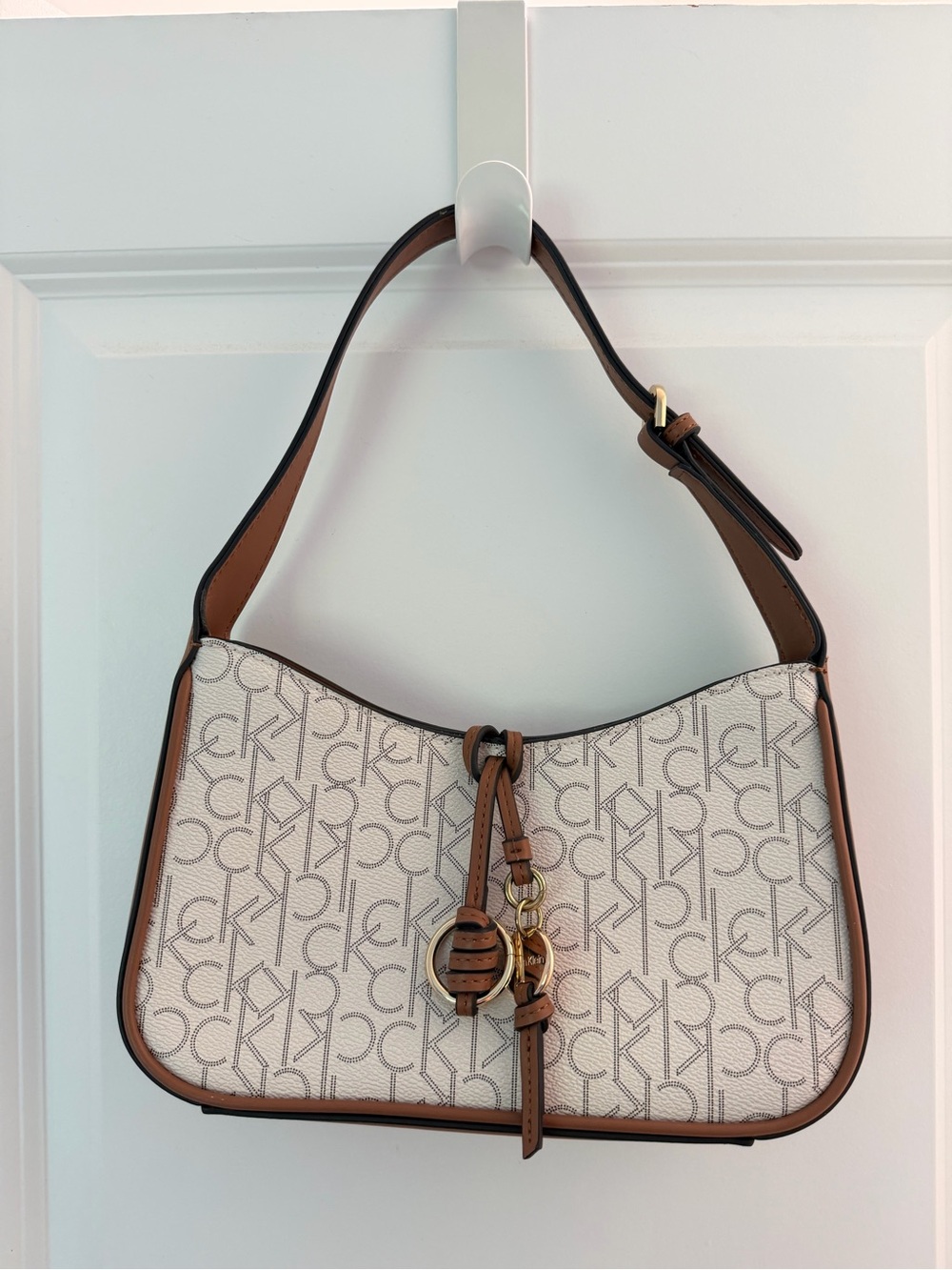 Calvin Klein Cream Monogram Shoulder Bag with Brown Trim